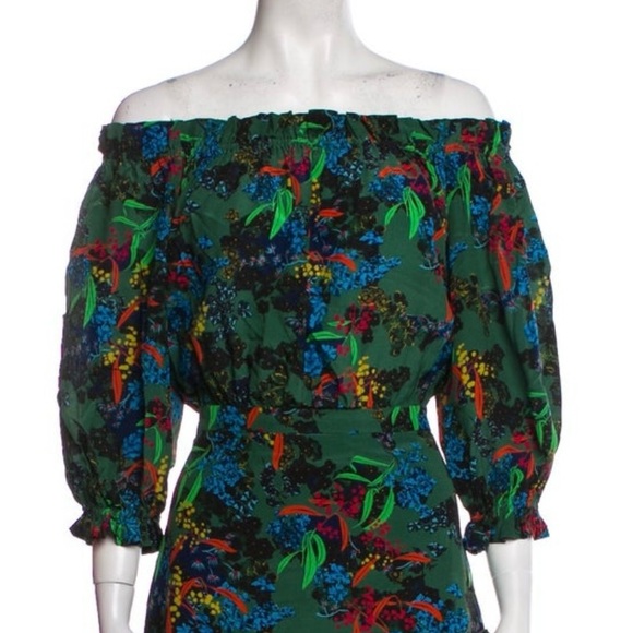 Saloni Silk Floral Print Ruffle Midi Dress Off Shoulder Size 4 Puffy 3/4 Sleeves - Picture 9 of 10